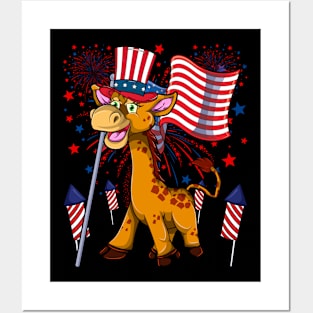 Cute Africa Animal Giraffe Lover USA Flag Patriotic 4th Of July Posters and Art